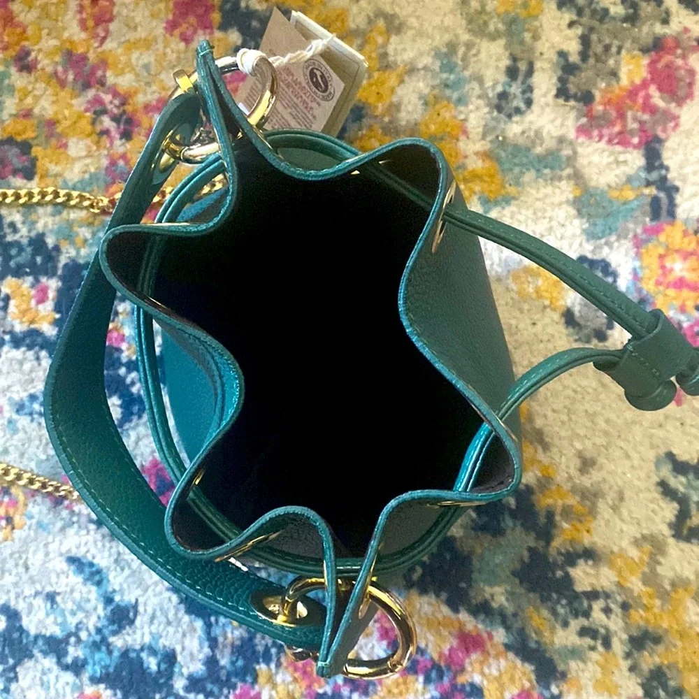Anna Paola Italian Leather Bucket Bag + Crossbody Bag, Teal - Picture 5 of 16